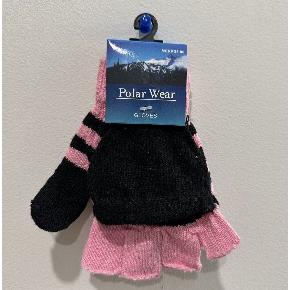 Girls fingerless glove mitten striped pink black knitted convertible flip top